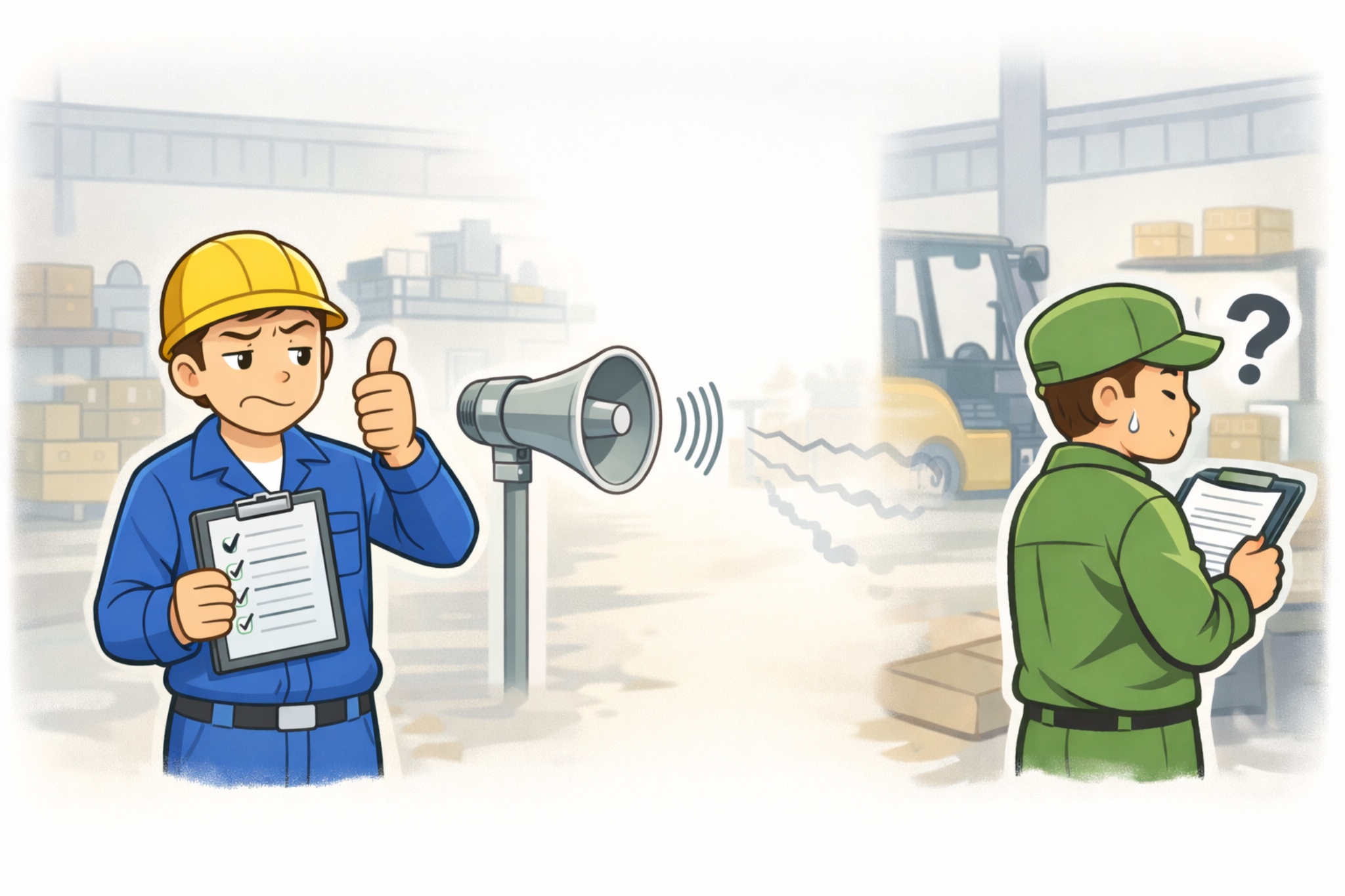 作業完了が伝わらず現場が止まるイメージ