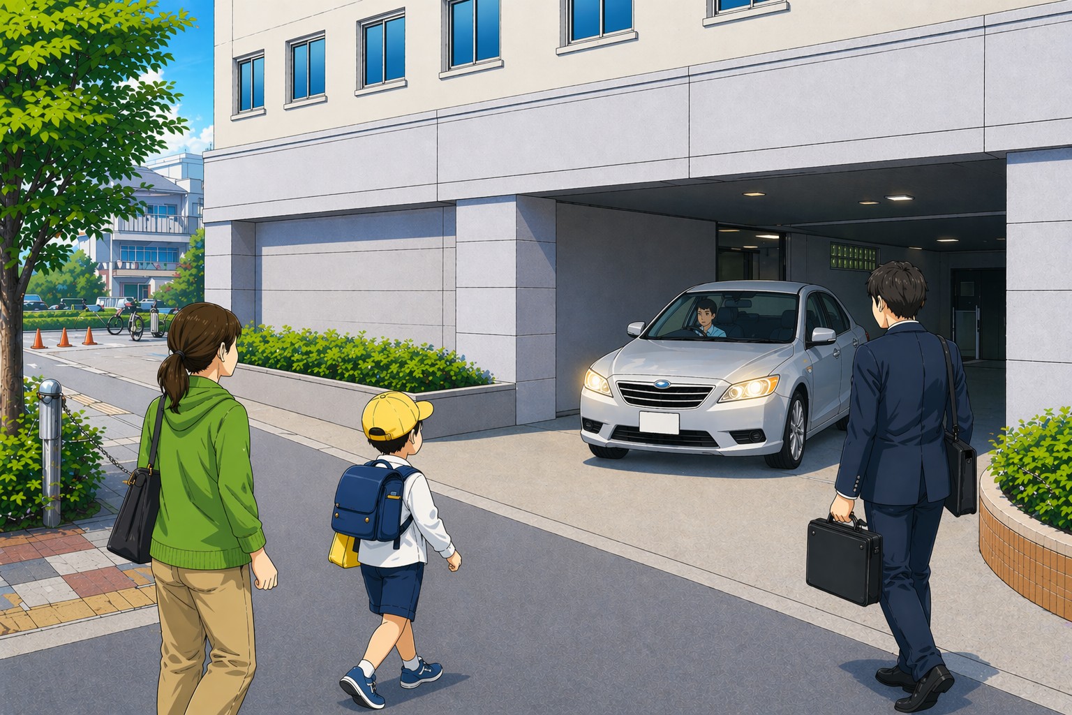 マンション駐車場出入口で動線が重なり事故リスクが高まるイメージ