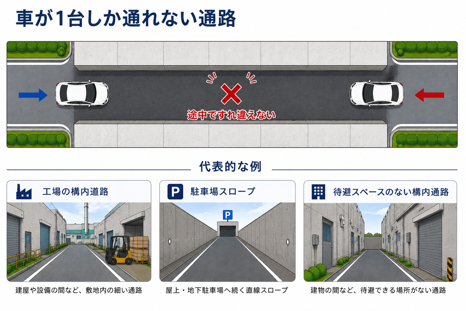 車が1台しか通れない通路と、簡易信号が必要になる代表的な場所の例