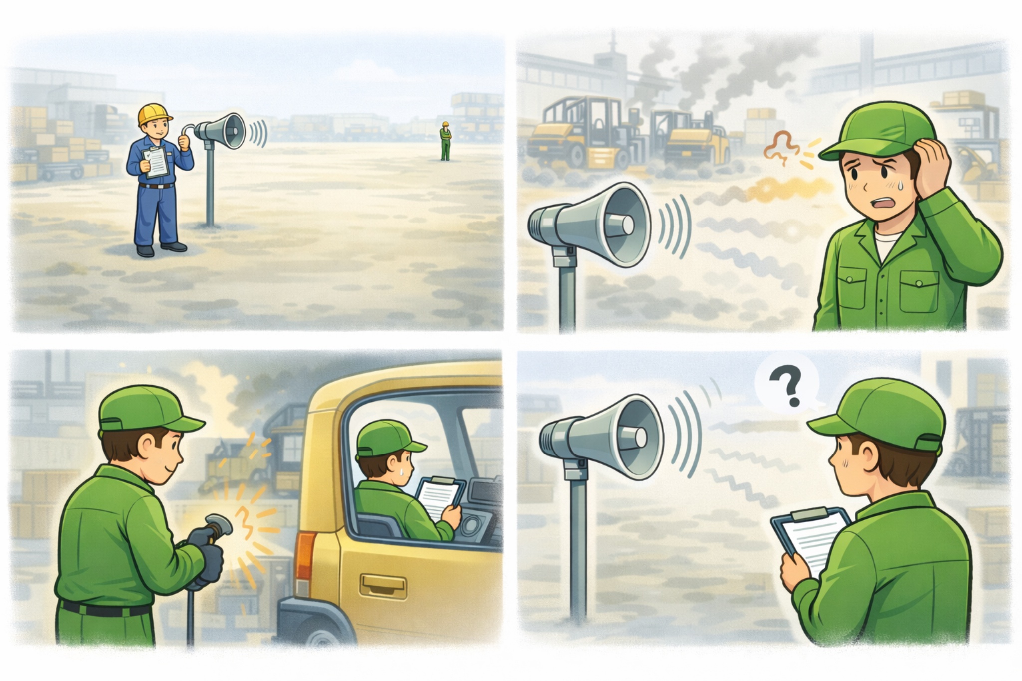 作業完了の呼び出しが伝わらない現場のイメージ