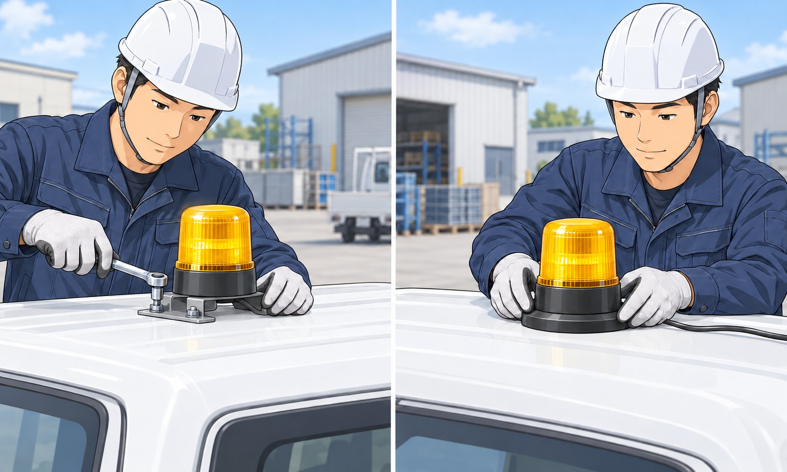 車両用回転灯の固定式とマグネット式を比較したイラスト