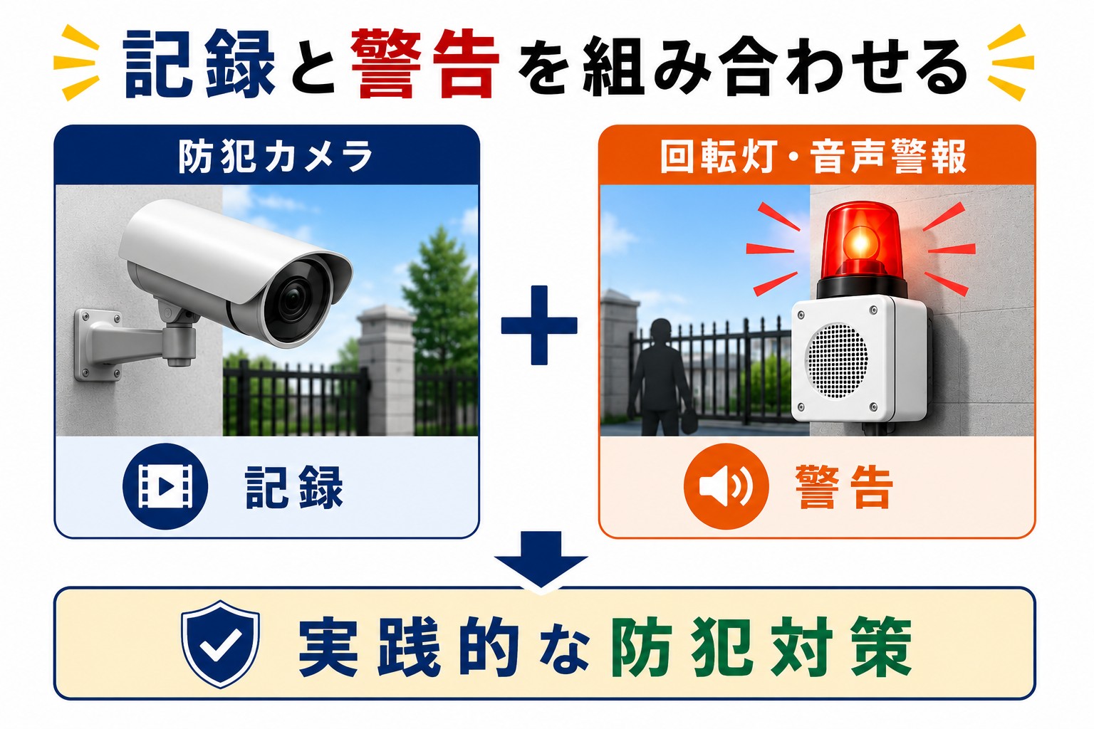 防犯カメラの記録と回転灯・音声警報による警告を組み合わせる防犯対策
