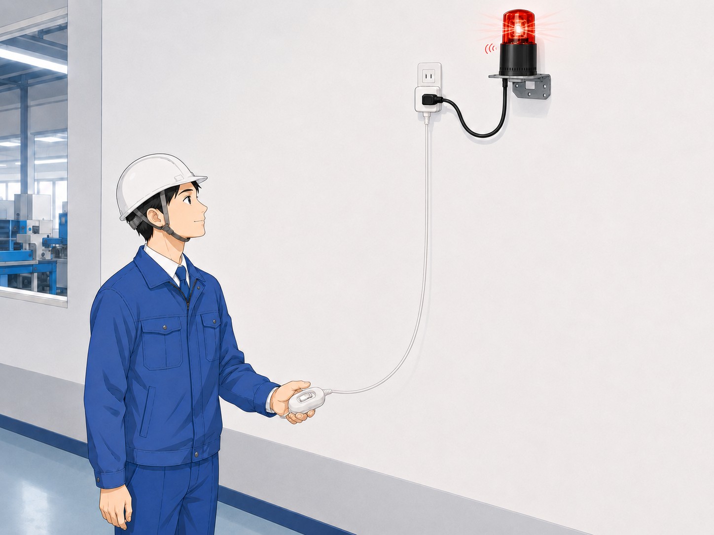 電源のON・OFFを合図にして回転灯とブザーを作動させるイメージ