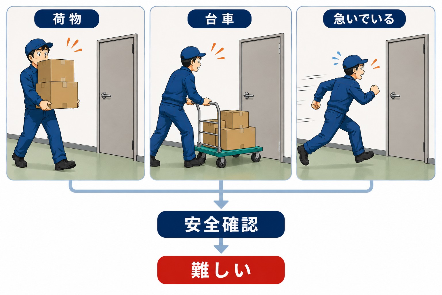 荷物や台車を扱いながら工場内のドアを通行する作業者