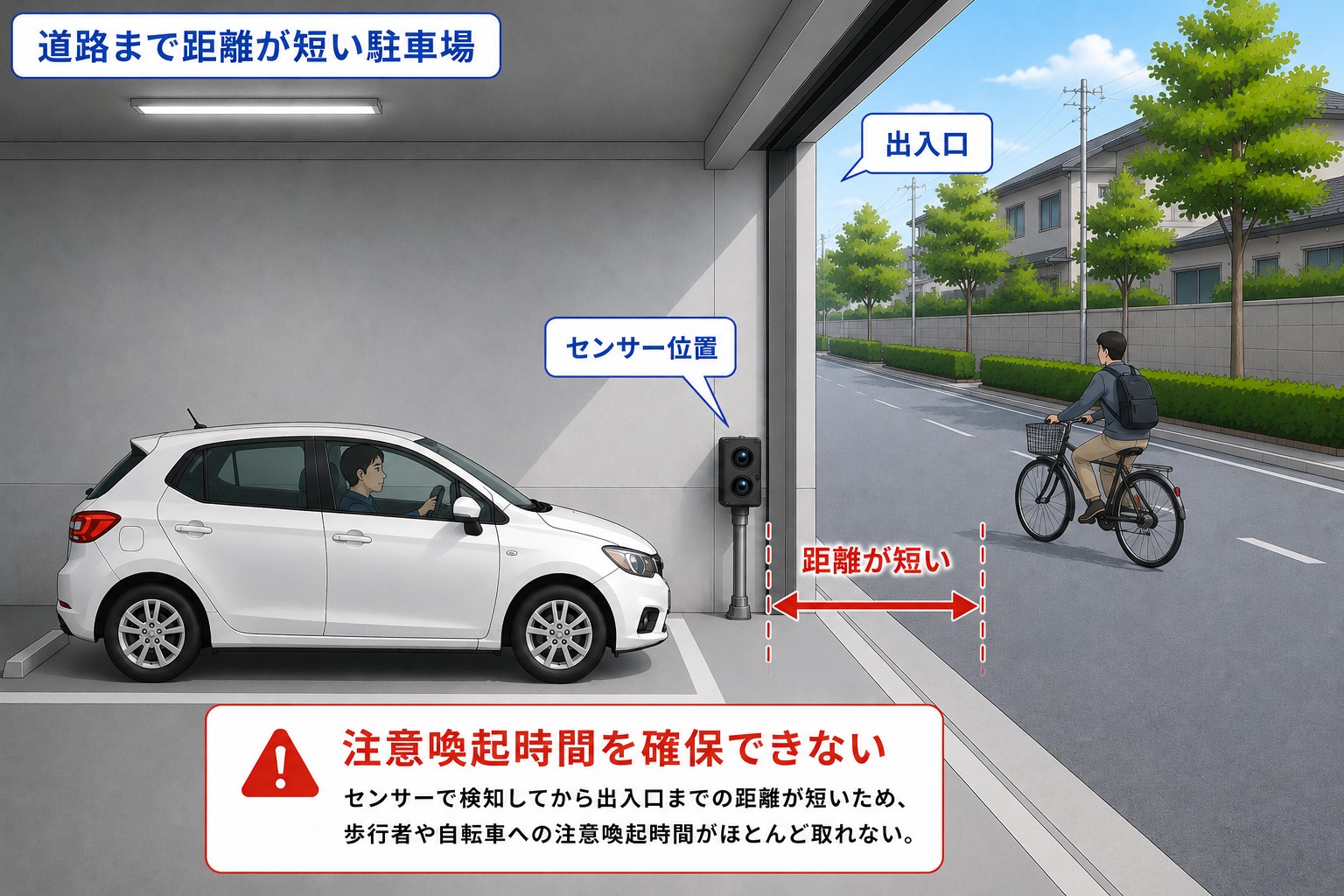 道路まで距離が短い駐車場ではセンサー方式の注意喚起時間を確保できない場合がある