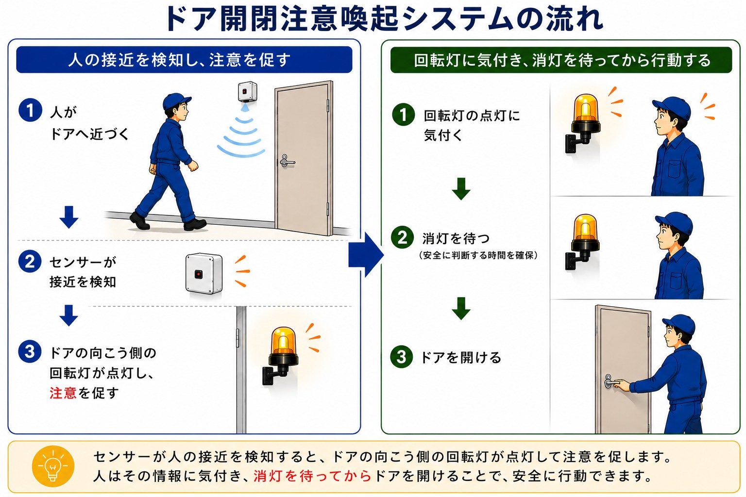 ドア開閉注意喚起システムが人の接近を検知し、回転灯で反対側へ注意を促す流れ