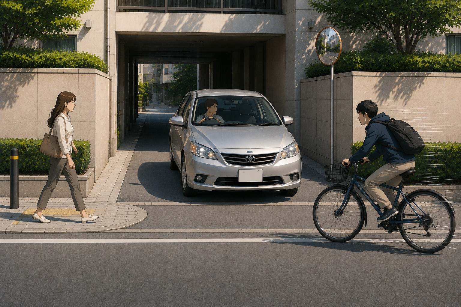 駐車場出入口で車両・歩行者・自転車の動線が重なる場面