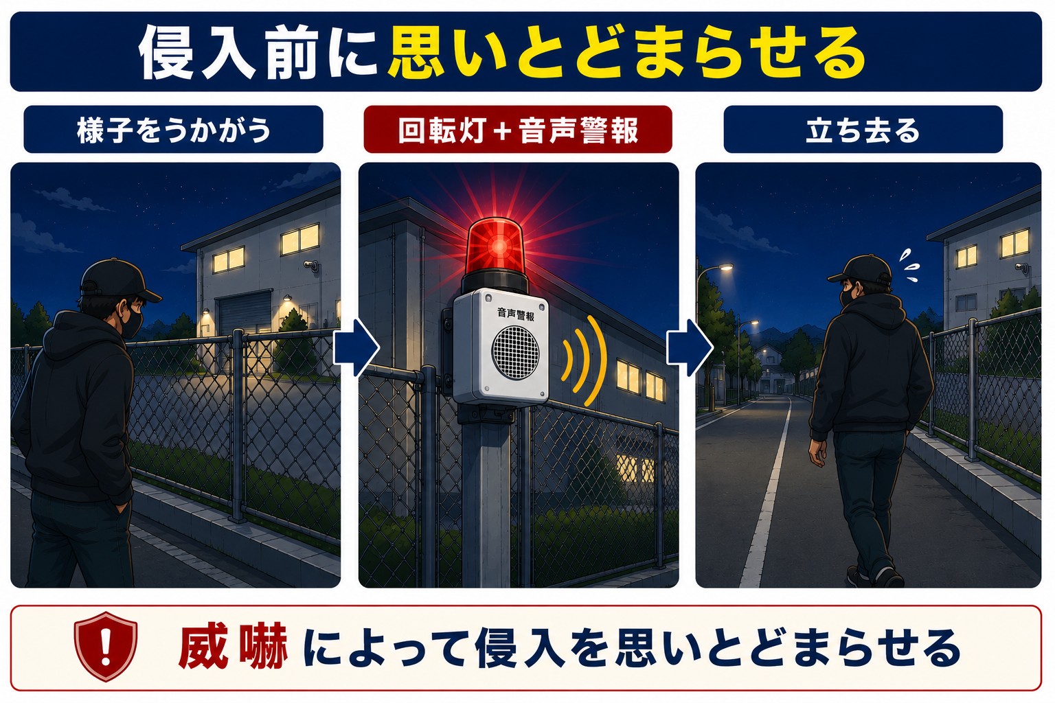 威嚇によって侵入を思いとどまらせる防犯対策