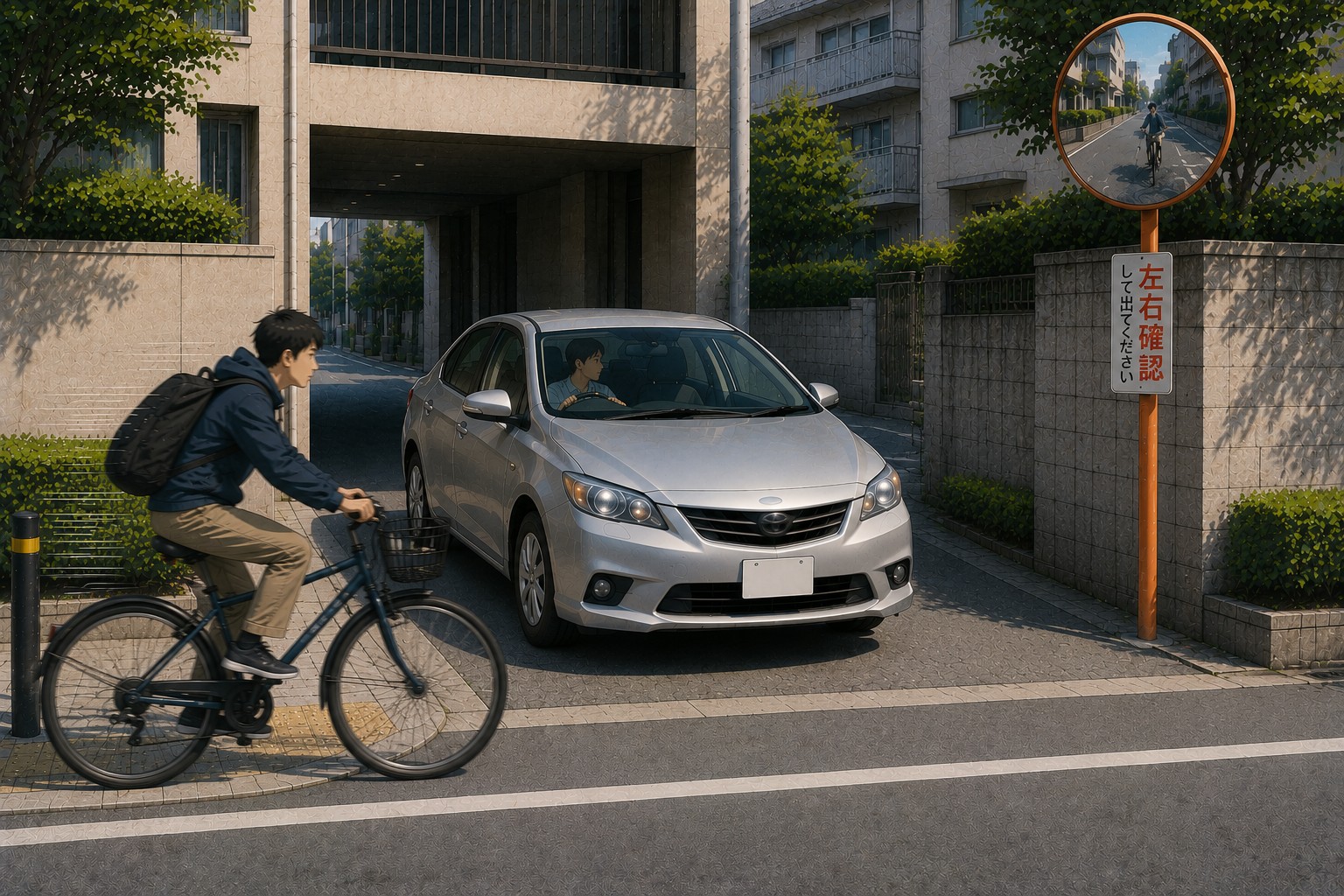 駐車場出入口でカーブミラーだけでは気づくのが遅れる場面