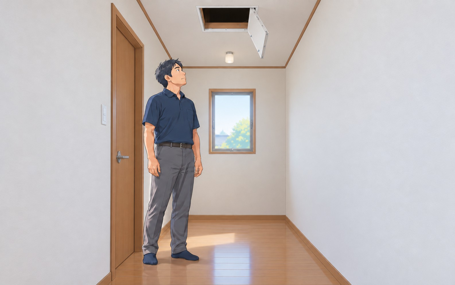 住宅の廊下で床に立ち、天井の点検口を見上げて設置場所や電池交換のしやすさを確認する男性のイラスト