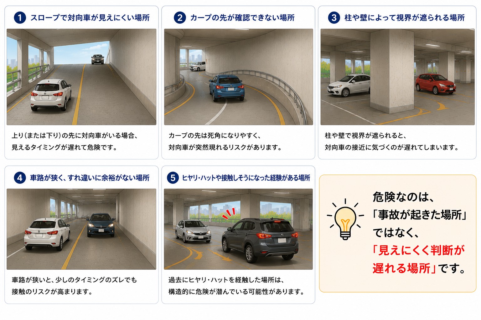 立体駐車場で注意喚起システムを検討したいスロープ、カーブ、柱や壁の死角、狭い車路、ヒヤリ・ハット発生箇所
