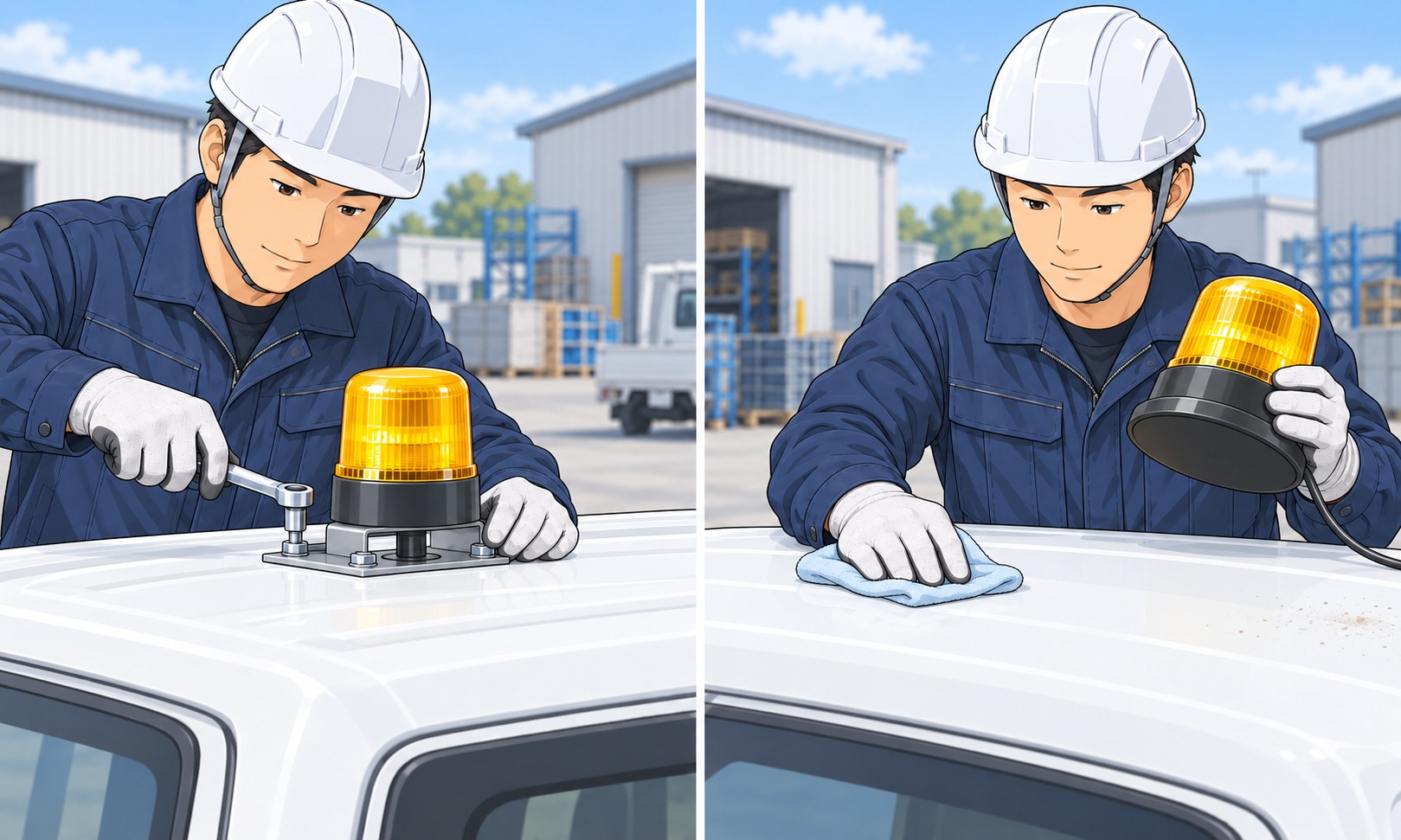 固定式とマグネット式の取付状態を点検する作業員のイラスト