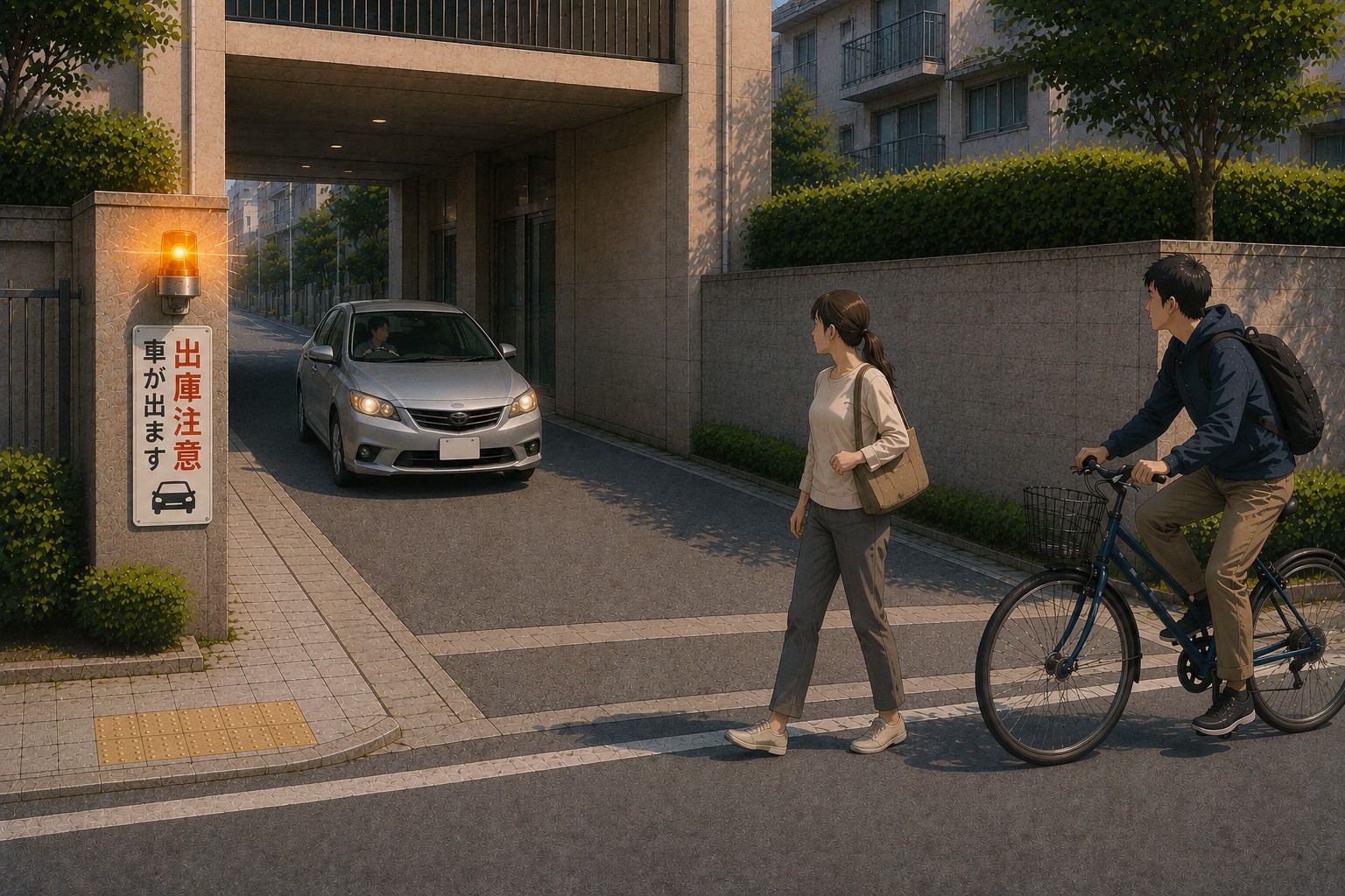 駐車場出入口で出庫注意灯が歩行者や自転車に注意を促す場面