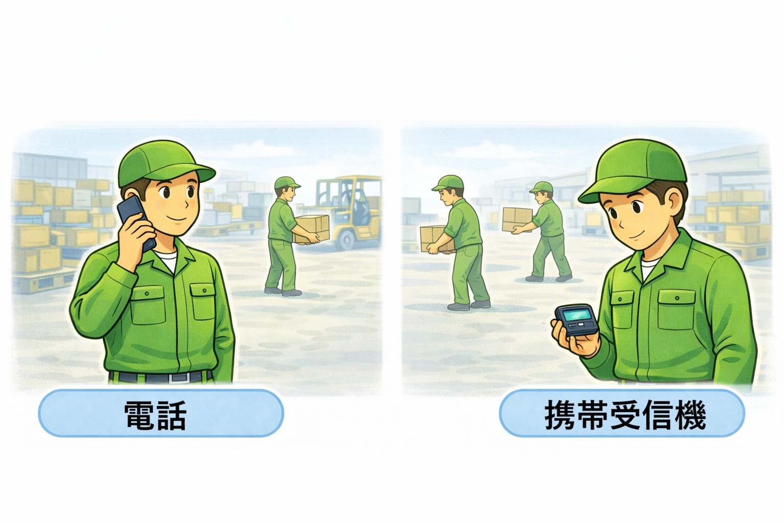 電話連絡と携帯受信機の向き不向きを示すイメージ