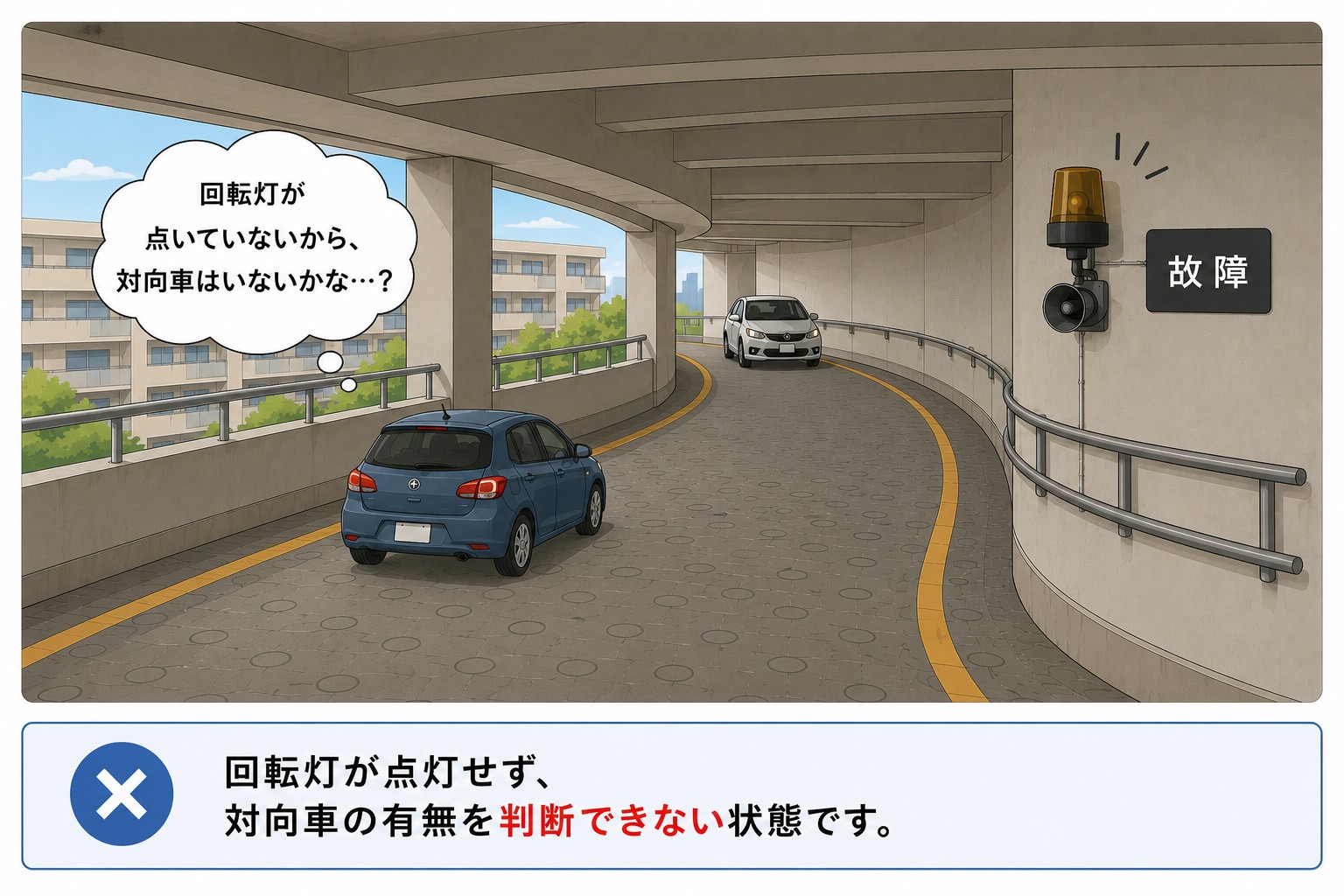 回転灯が故障し、対向車の有無を判断できない立体駐車場の更新前の状態