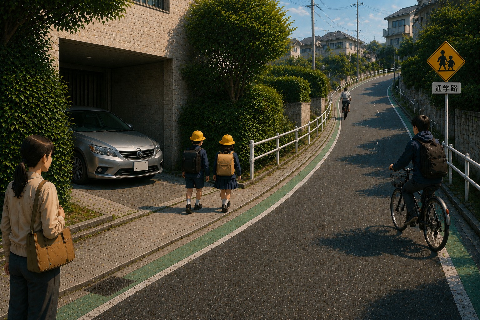 駐車場出入口で死角・歩道・自転車・通学路などの条件が重なる場面
