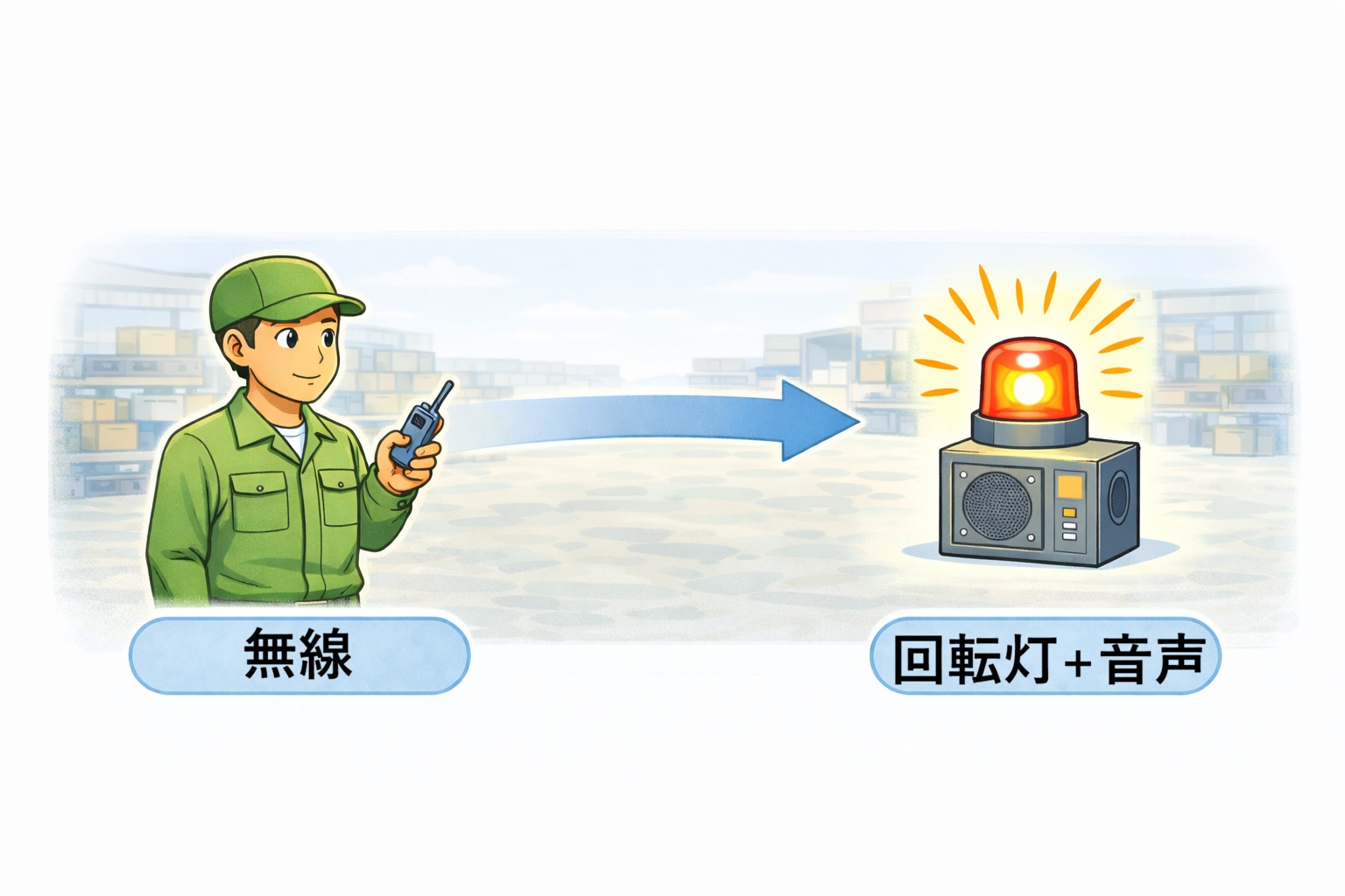 無線と回転灯と音声の組み合わせで作業完了を伝えるイメージ