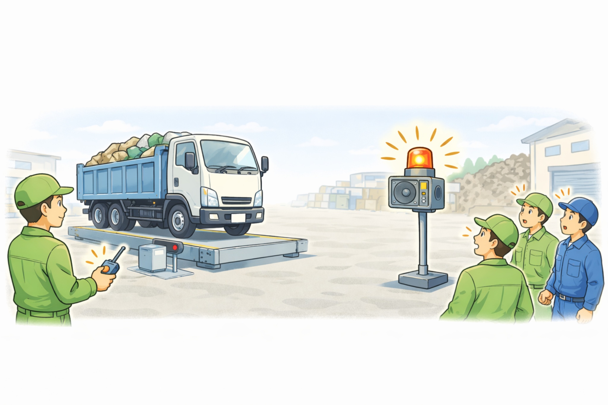 計量完了を無線・回転灯・音声で通知する現場イメージ