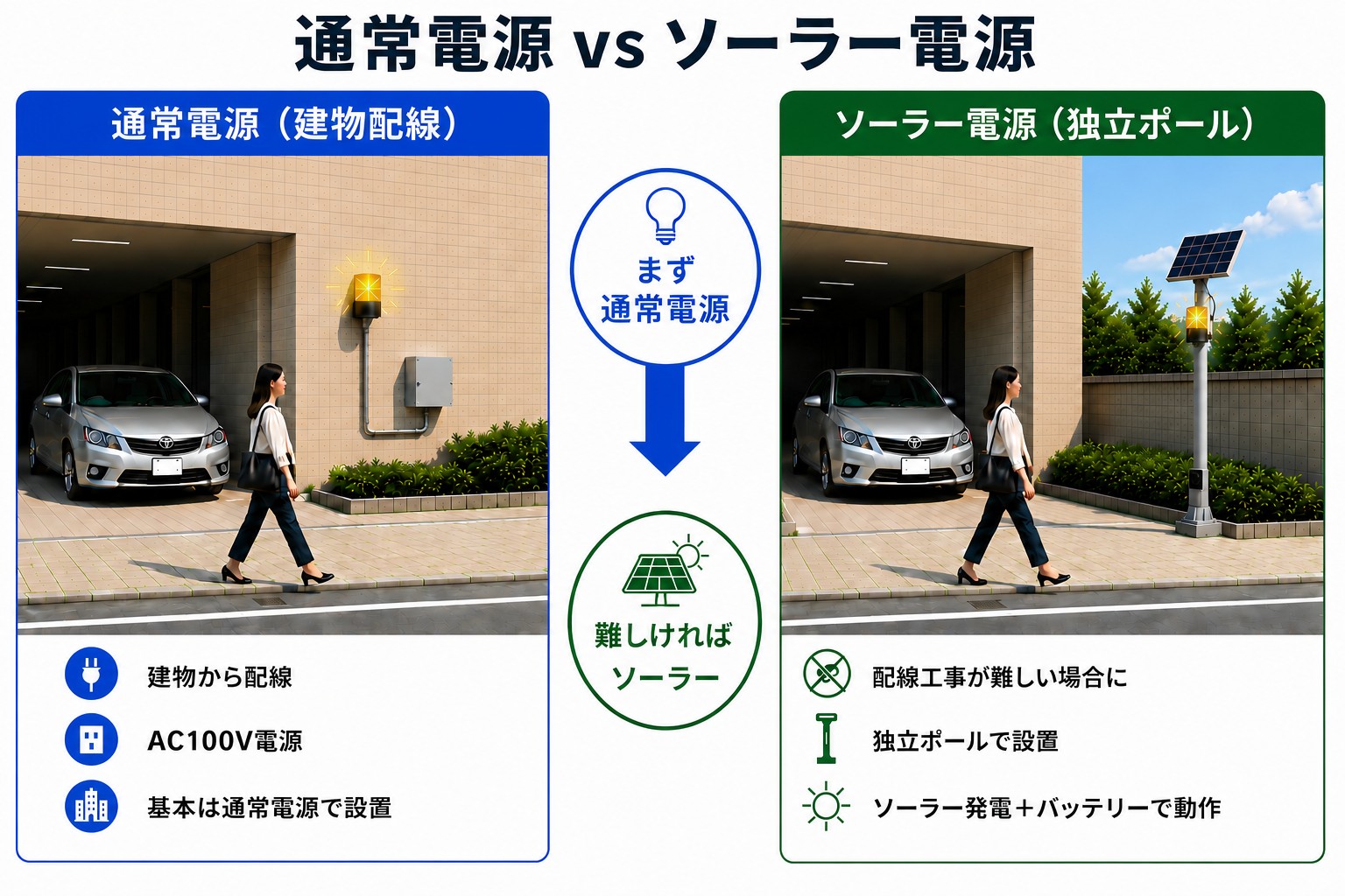 駐車場出入口の通常電源とソーラー電源の比較