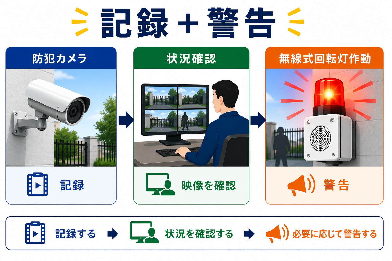 防犯カメラの記録と無線式回転灯による警告の流れ
