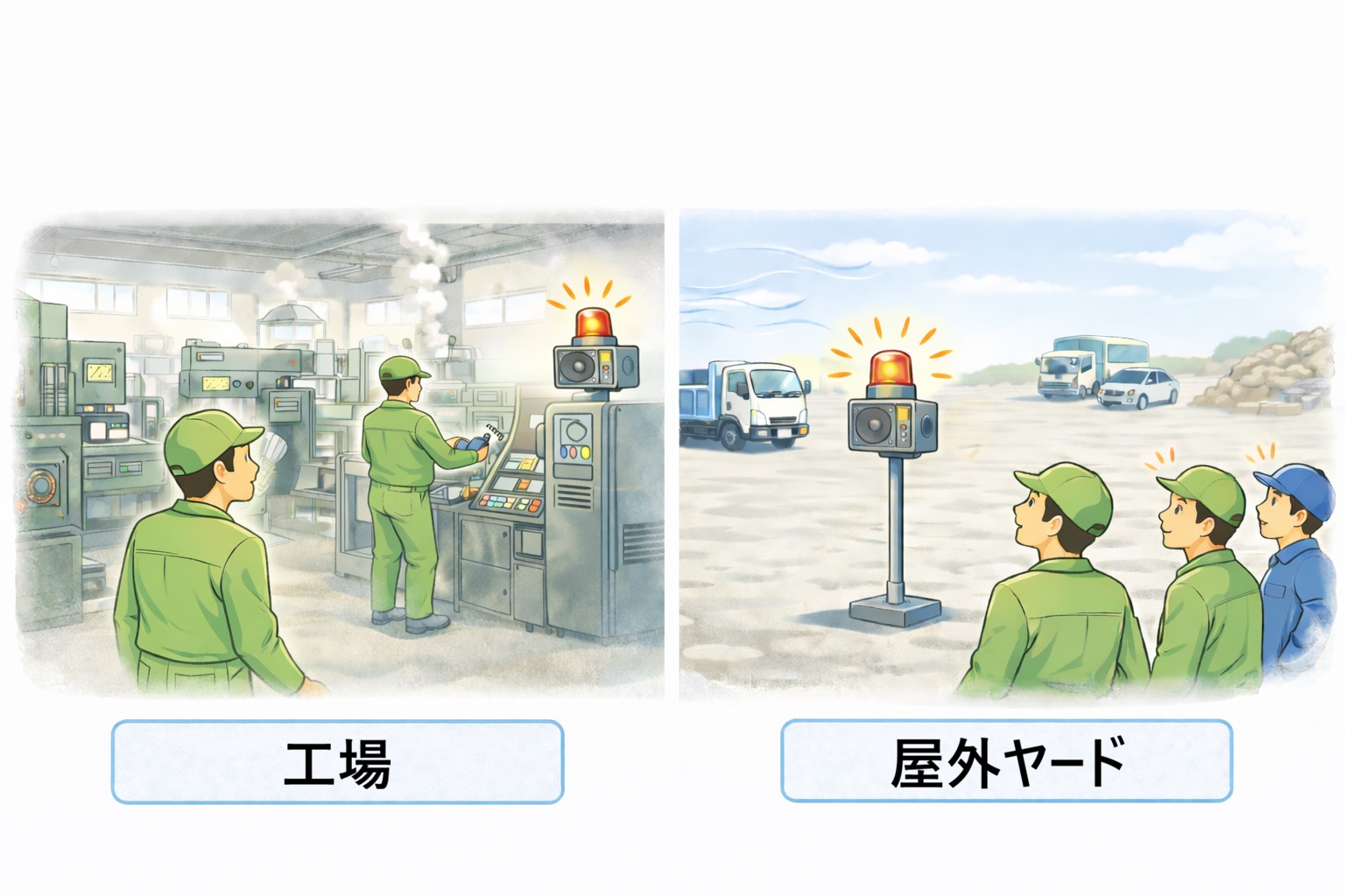 工場と屋外ヤードで通知方法を考えるイメージ