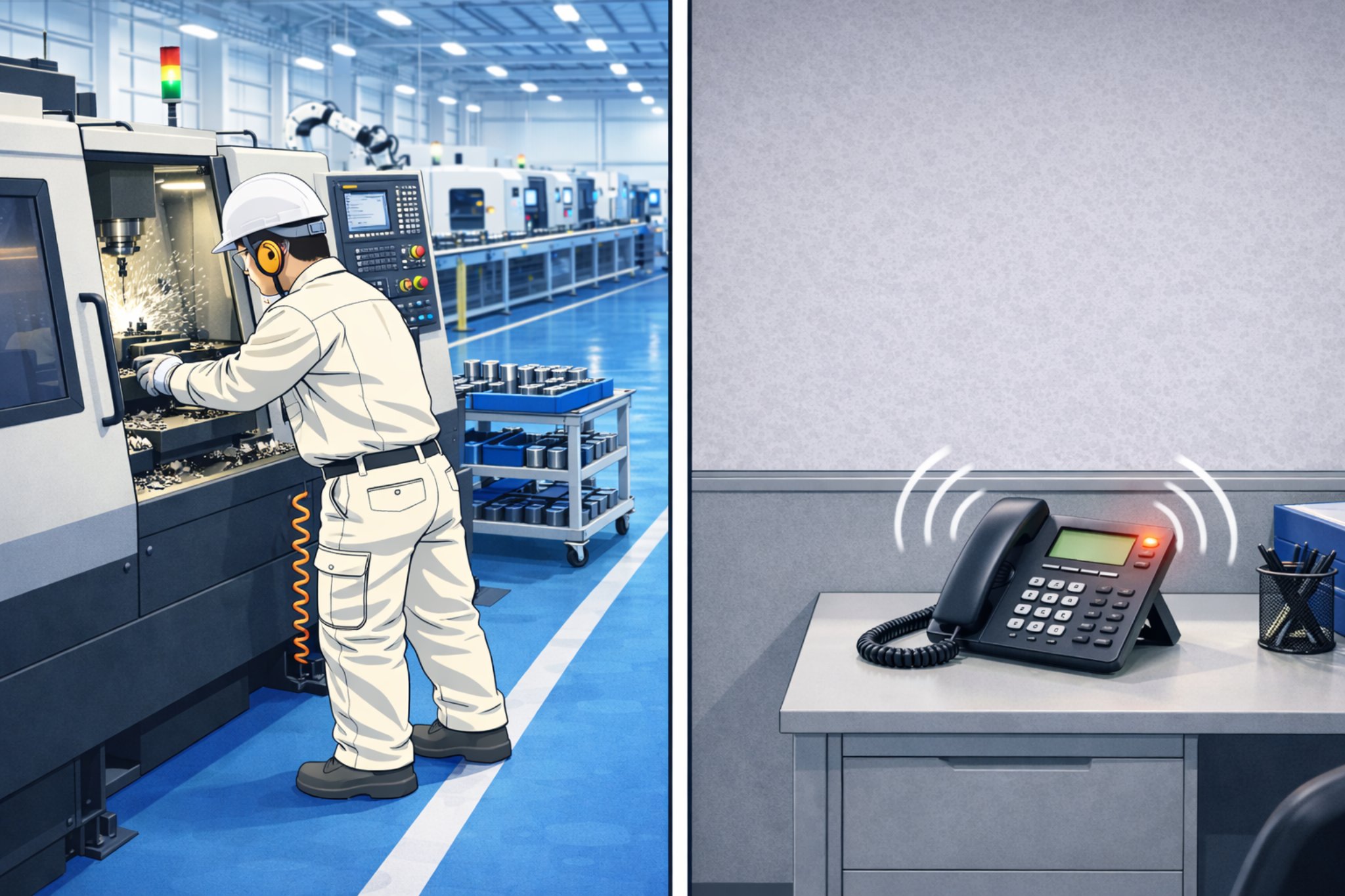 工場で電話着信に気づけないイメージ