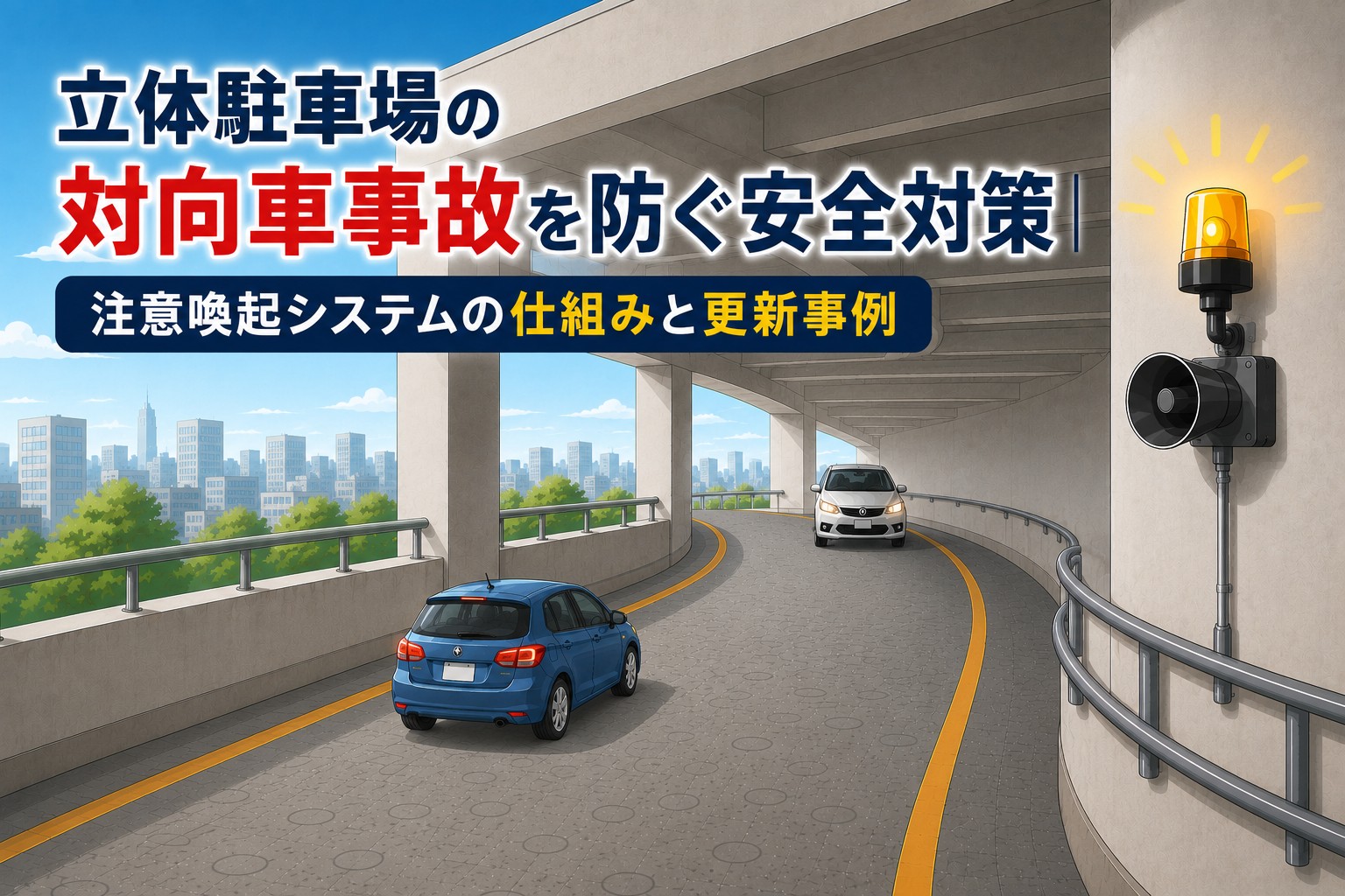 立体駐車場の対向車事故を防ぐ安全対策｜注意喚起システムの仕組みと更新事例