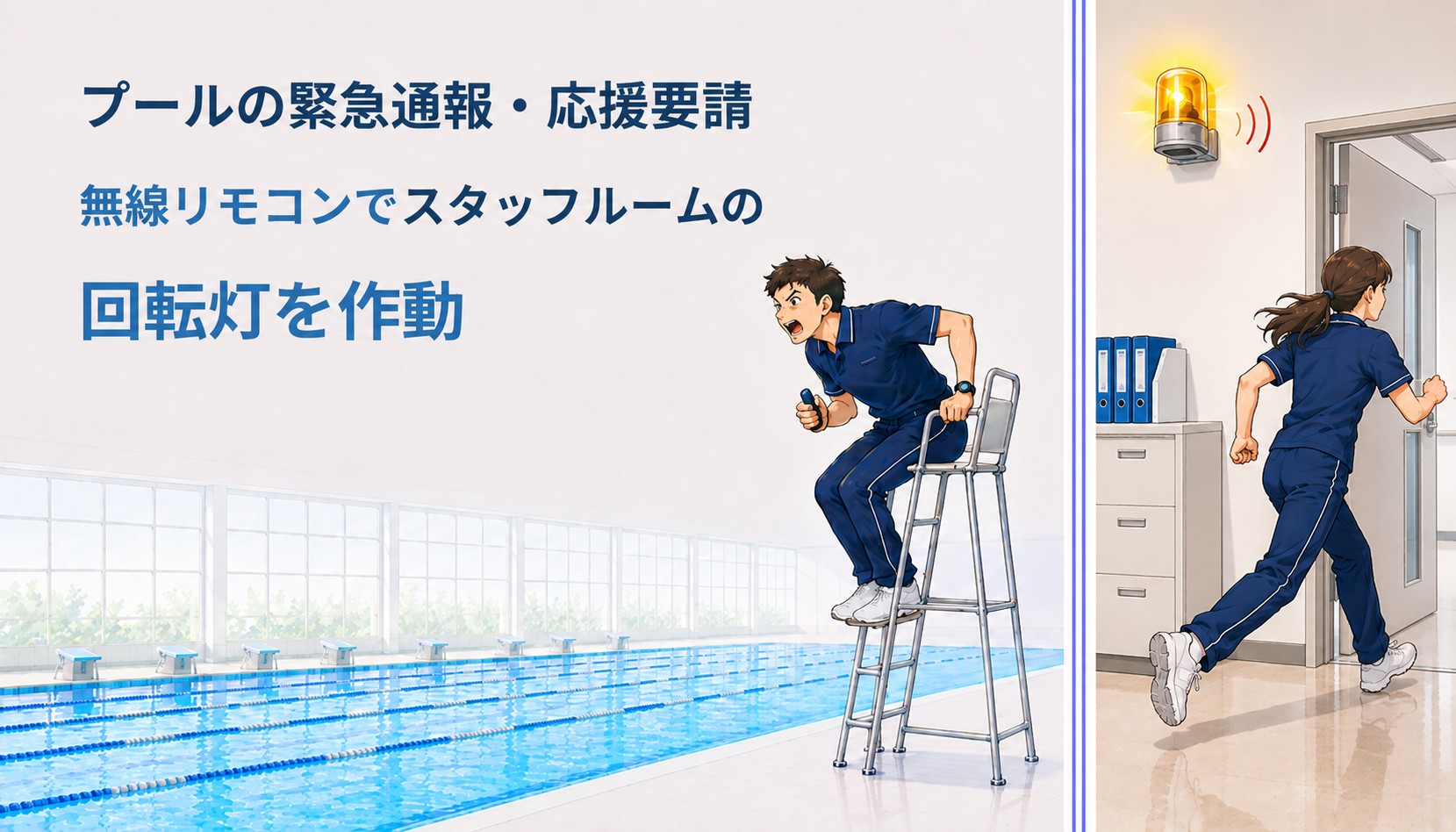プールの緊急通報・応援要請│無線リモコンでスタッフルームの回転灯を作動