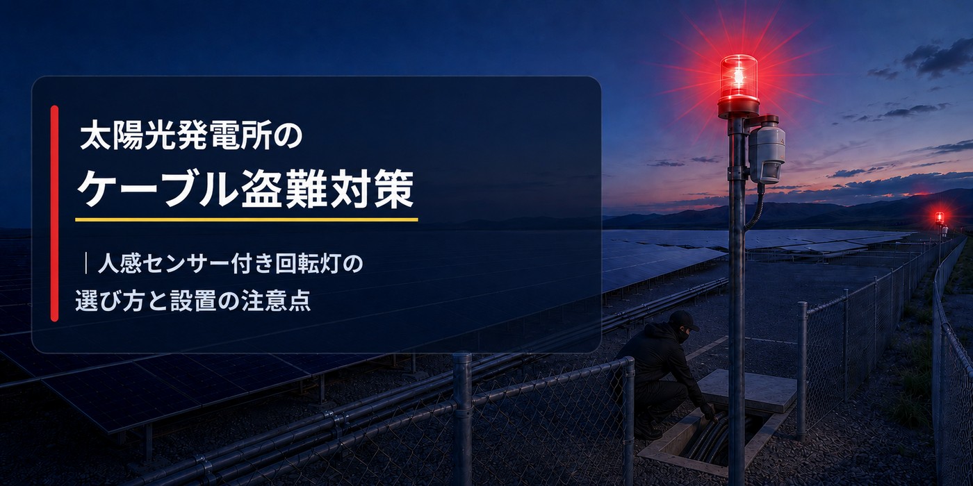 太陽光発電所のケーブル盗難対策｜人感センサー付き回転灯の選び方と設置の注意点