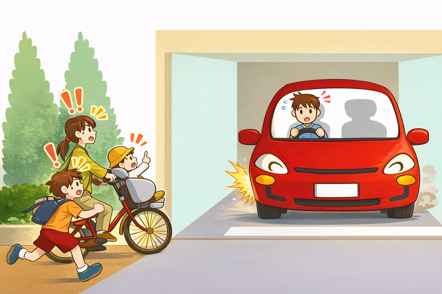 駐車場出入口で事故が起きやすい場面のイメージ